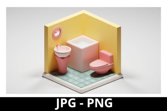 3D Rendered Isometric Cute Bathroom for Design Projects